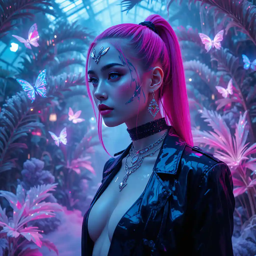 Neon haired woman beside a frozen futuristic greenhouse