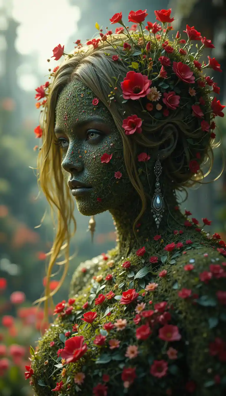 Grass and red flower woman in dark fantasy full body view