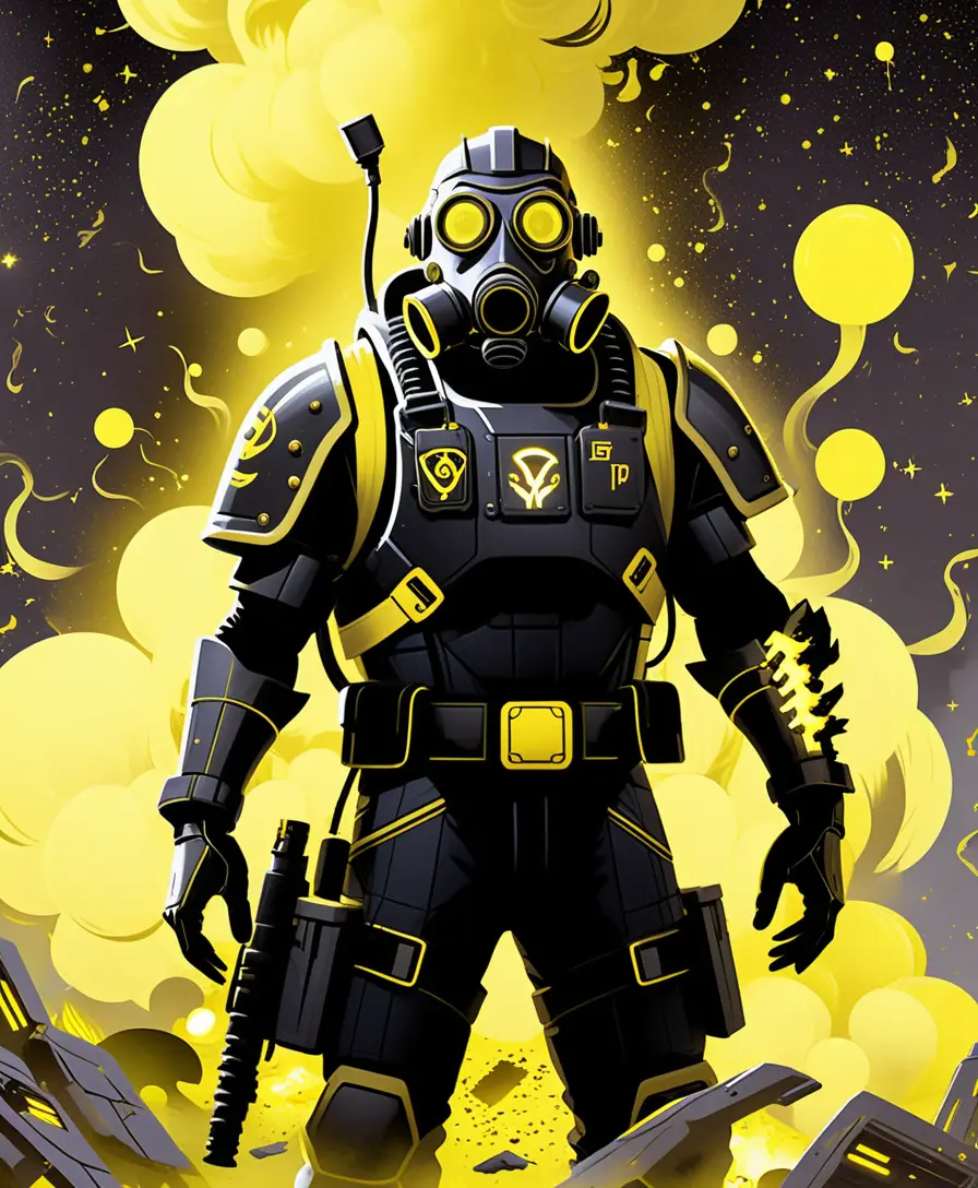 Sci fi soldier with flamethrower in glowing space storm