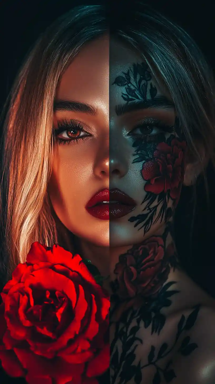 Surreales geteiltes Porträt einer Frau mit floralen und Tinten-Designs