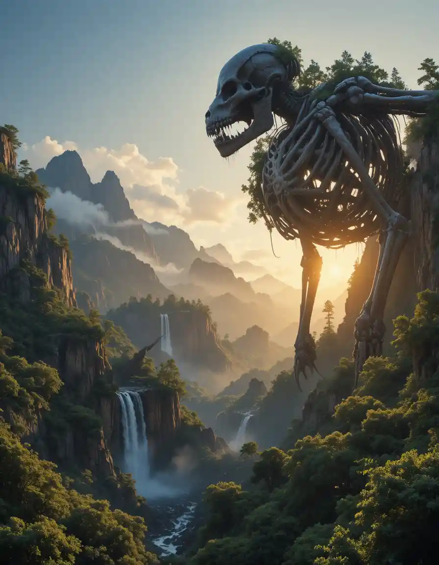 Titan skeleton spanning a forested valley at sunrise