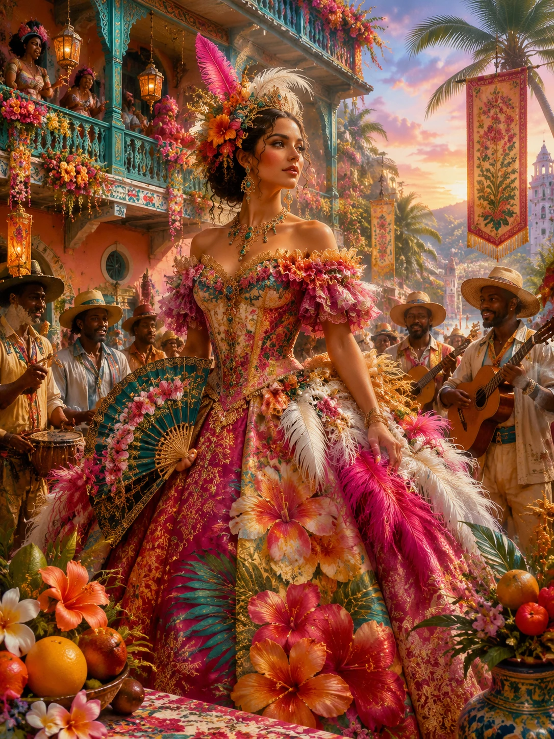 Regal woman in tropical plaza during festive celebration