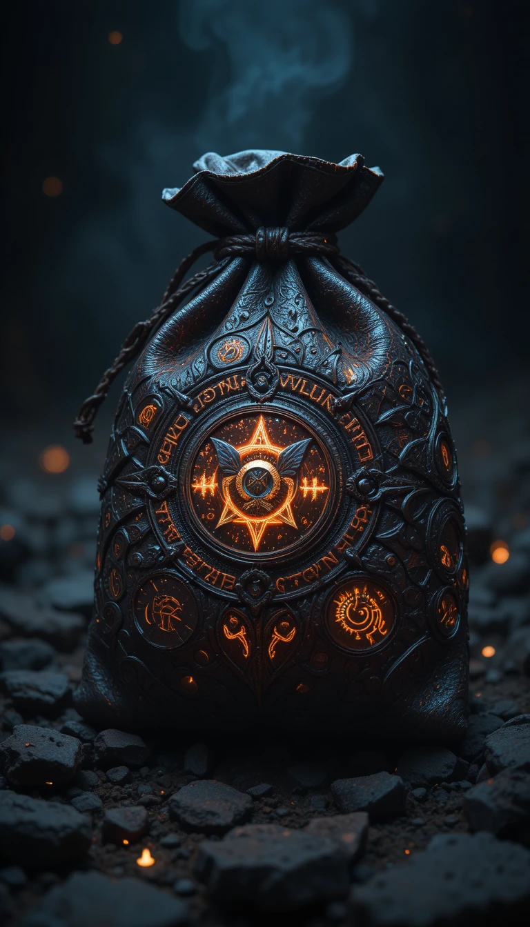 Ancient leather pouch glowing with mysterious magical energy