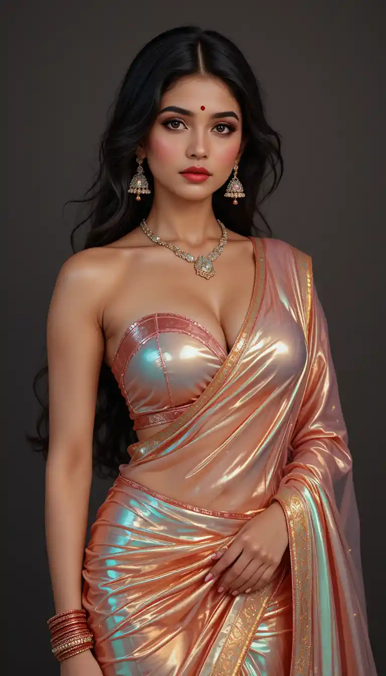 Tamil woman in glossy mirror saree full body pose