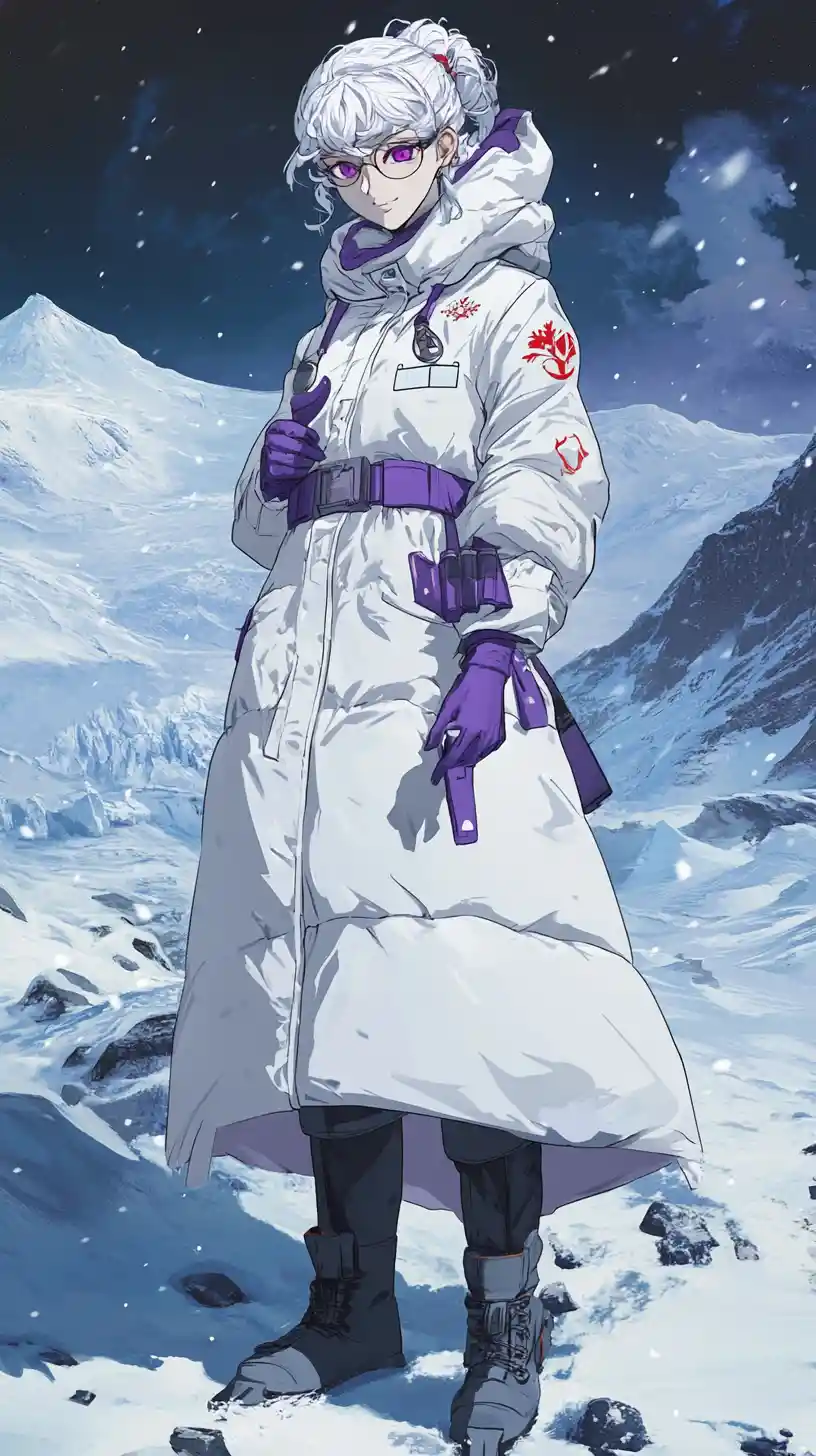 Winter anime girl in floral fur dress during snowfall