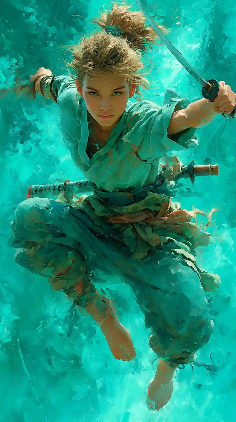 Woman warrior flying through the air with a sword
