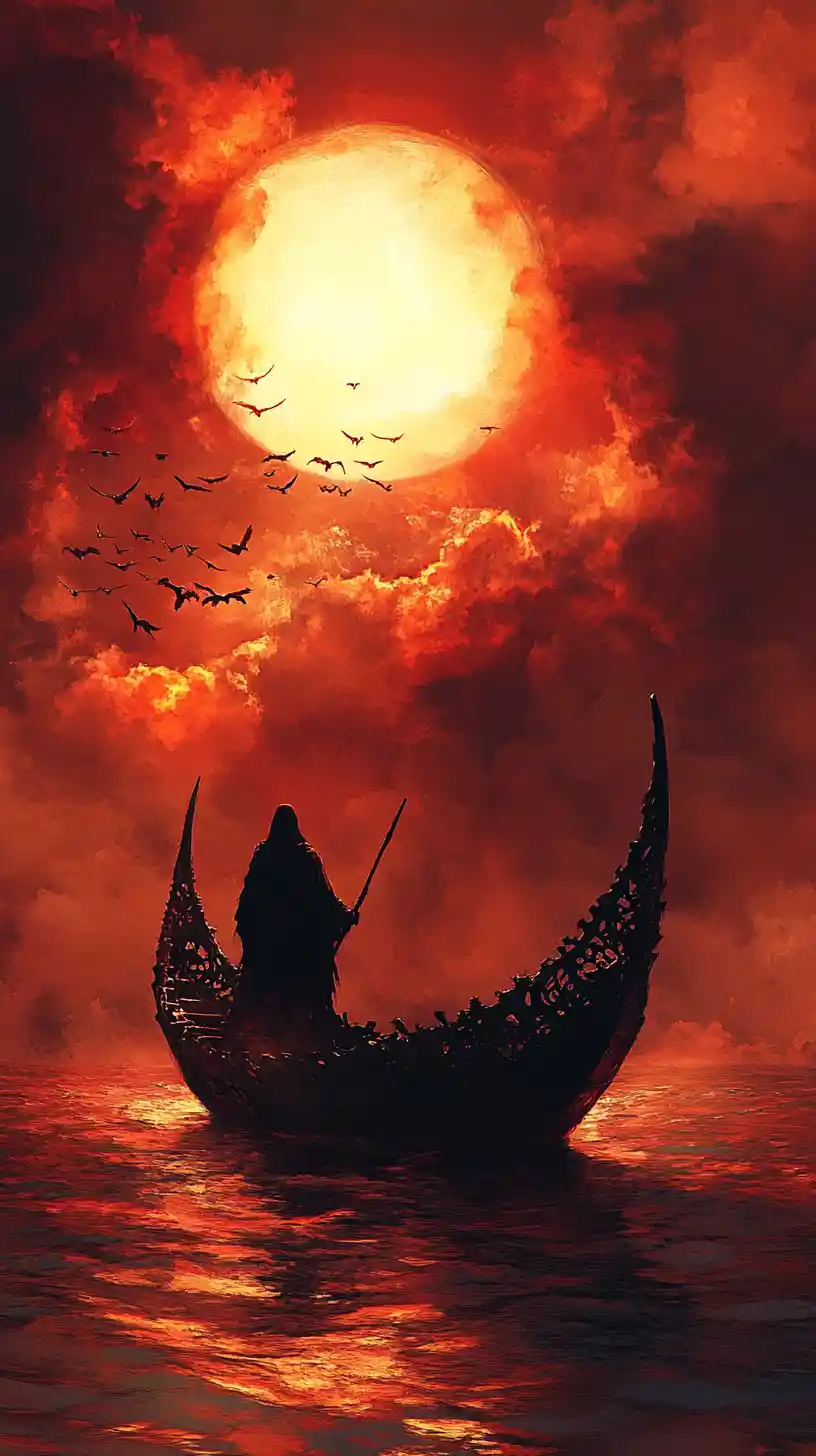 Cloaked figure guiding a skeletal crescent vessel at sea