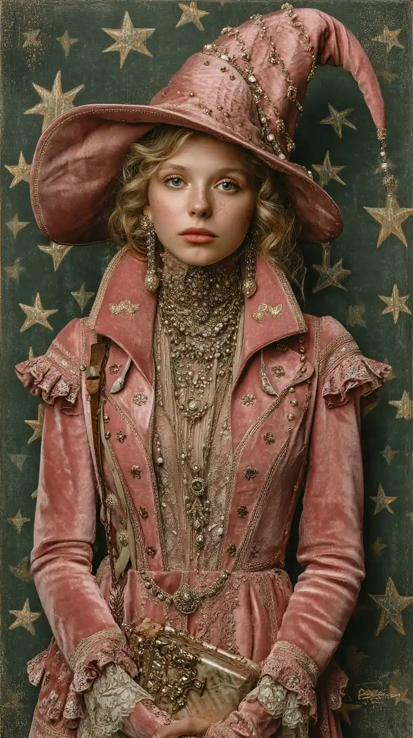 Young angel witch in pink velvet robes portrait