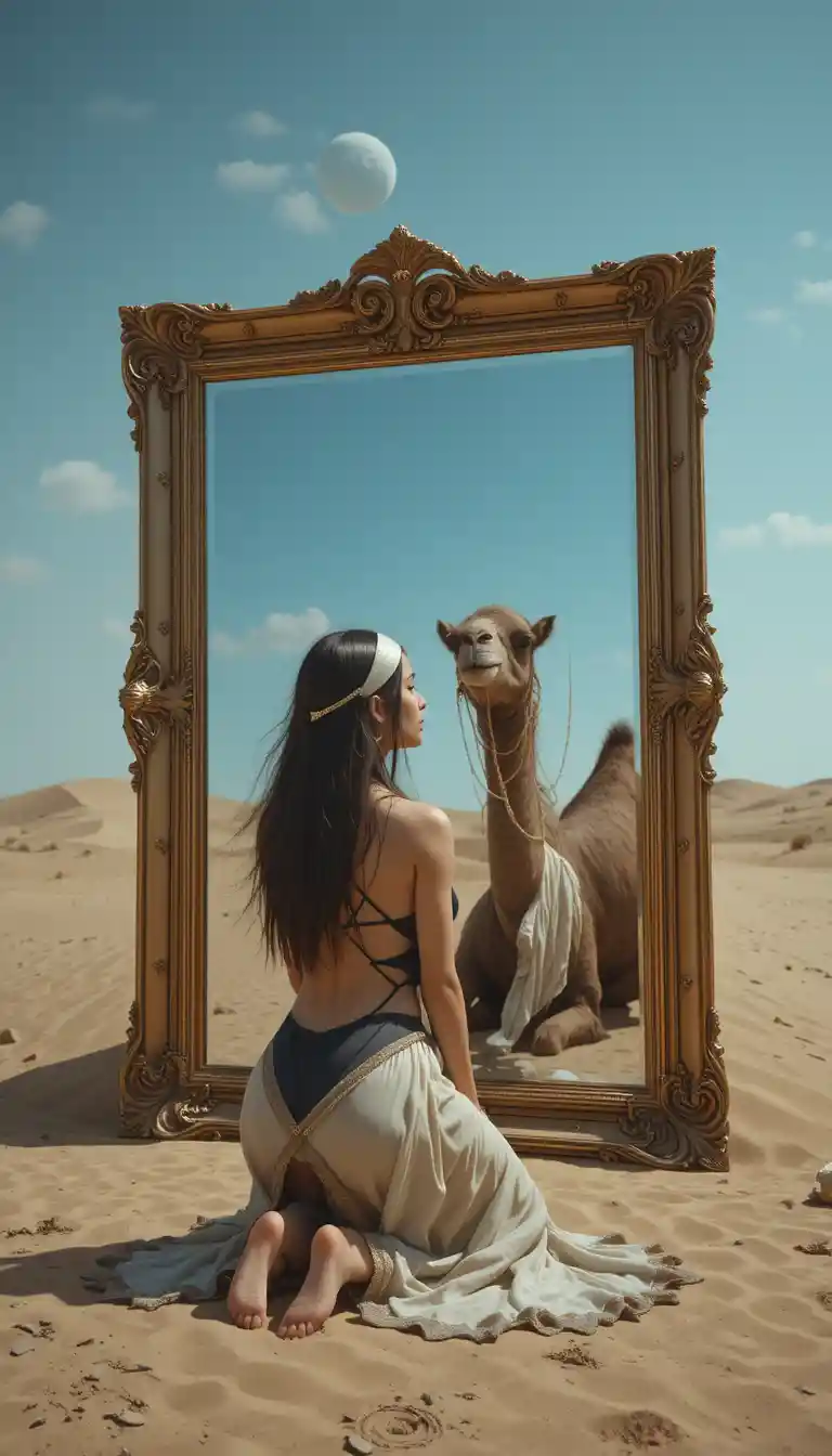 Young woman kneeling by a mirror in the desert with camel