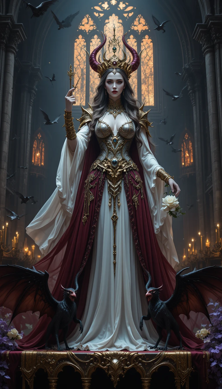 Vampire queen on altar in a gothic cathedral at night