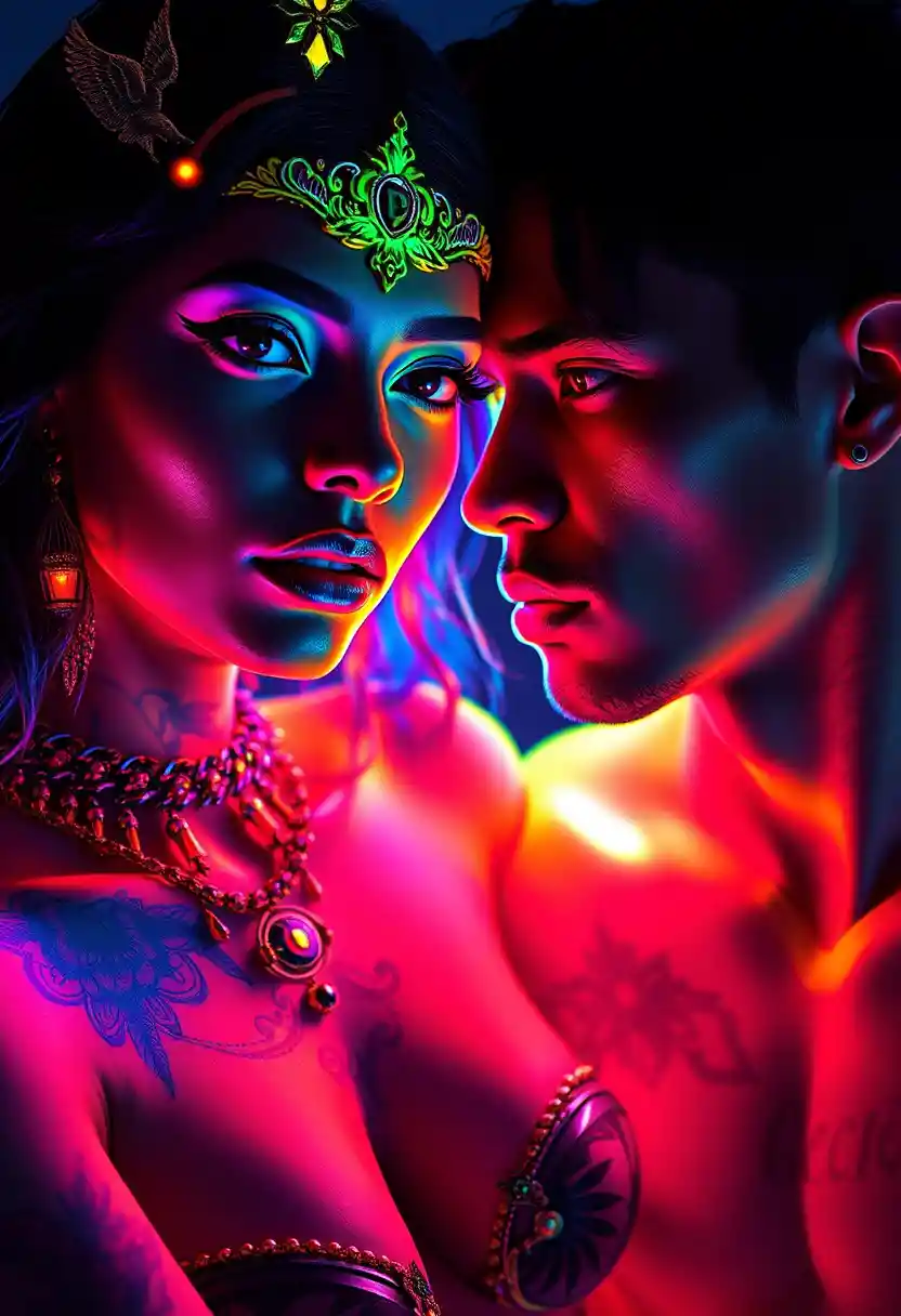 Latin couple with fluorescent tattoos in glowing neon city