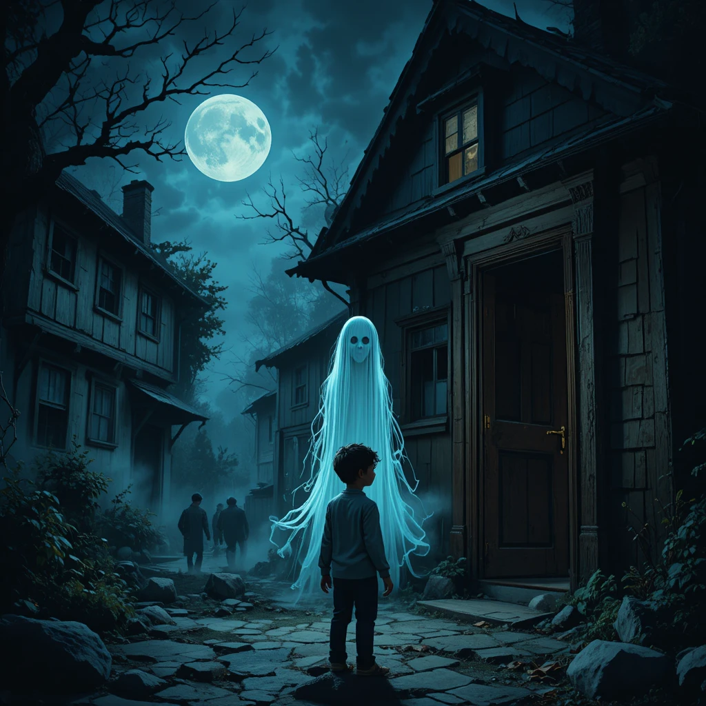 Dark village street at night under eerie moonlight