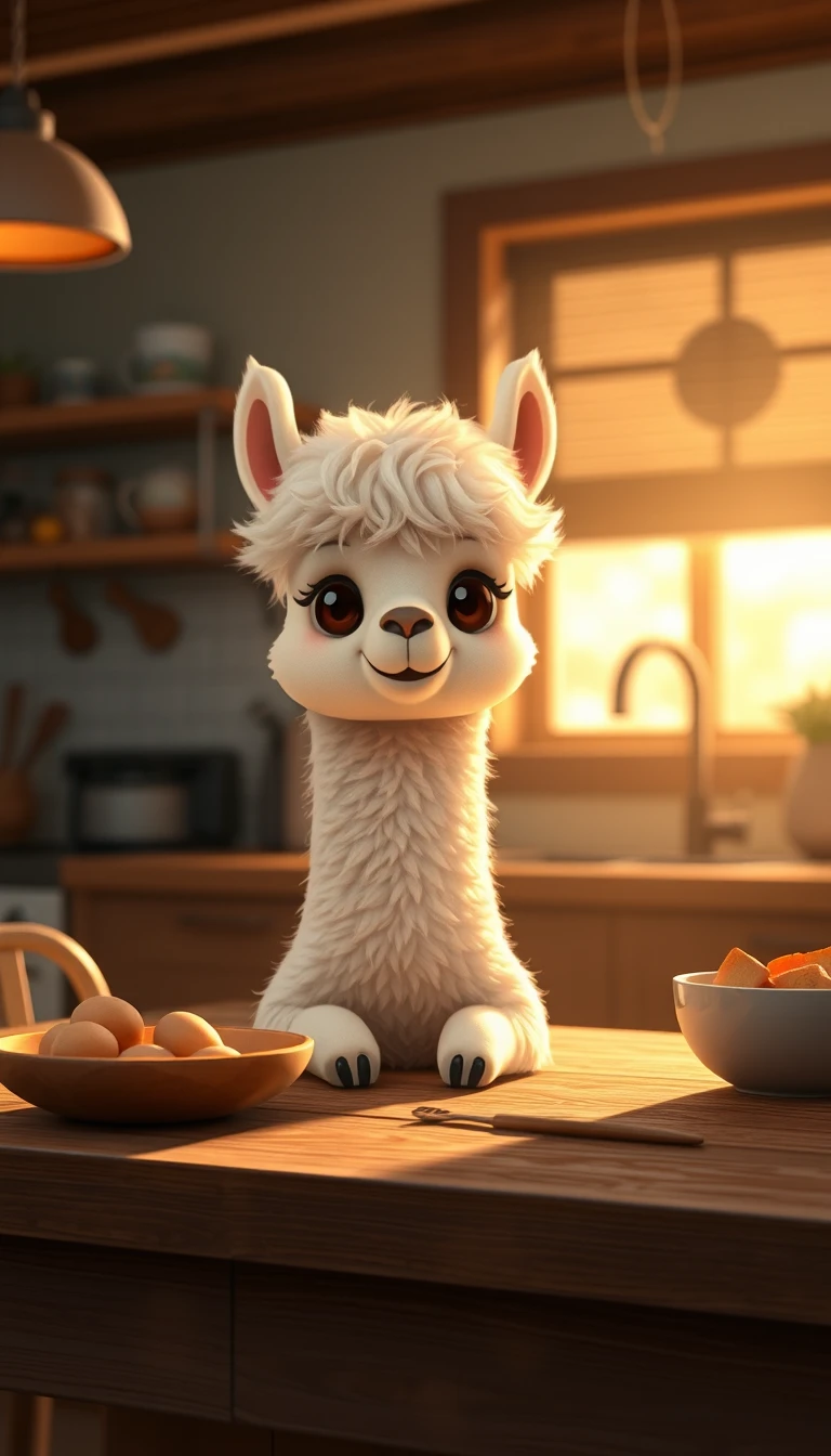 Cute alpaca character on a kitchen table in warm light