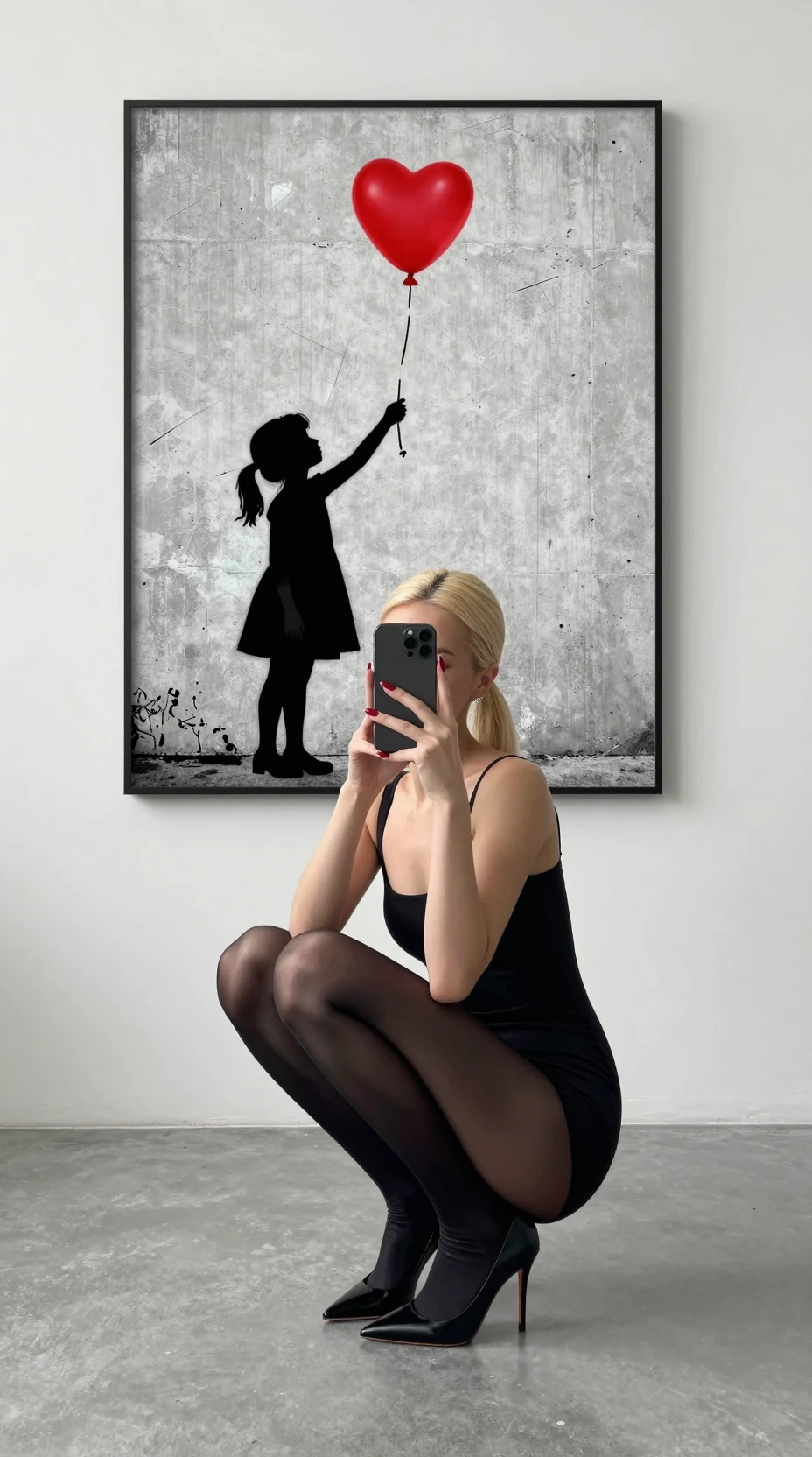 Woman crouching on concrete floor with phone obscuring face