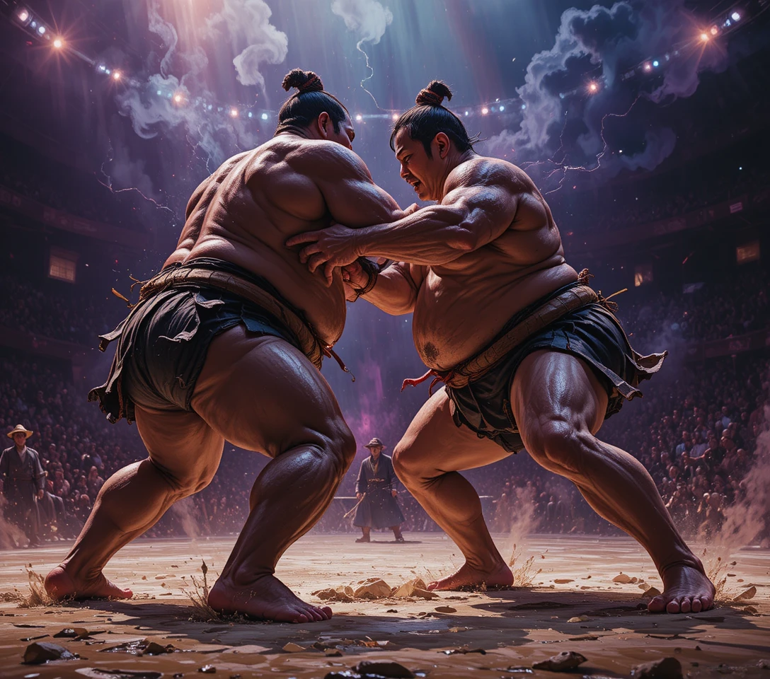 Two sumo wrestlers clash in a powerful low angle arena shot