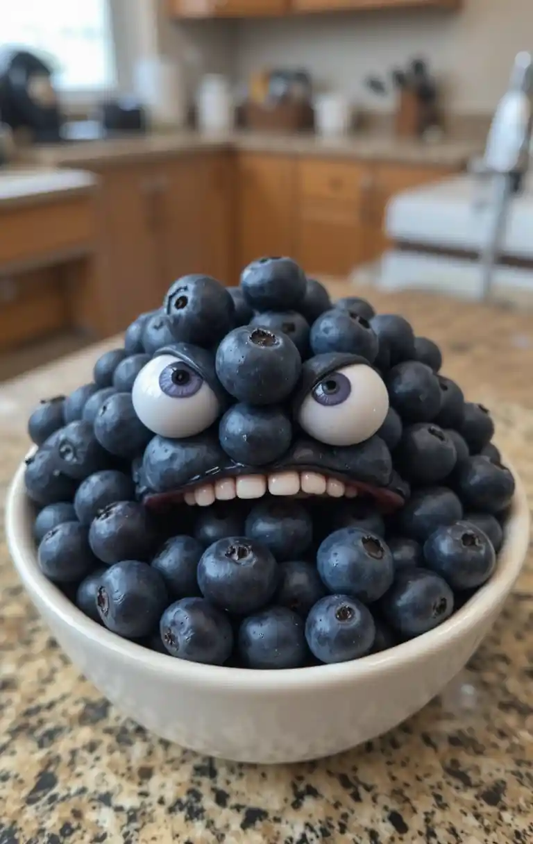 Angry cartoon blueberries with googly eyes in a bowl on counter