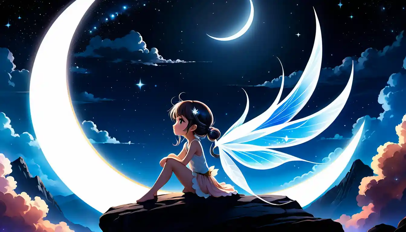 Fatina chibi seduta su una luna crescente sopra la Terra