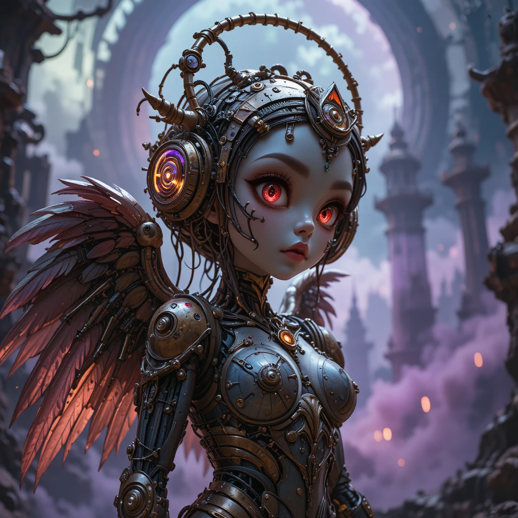 Surreal cybernetic angel with chibi face in cosmic abyss