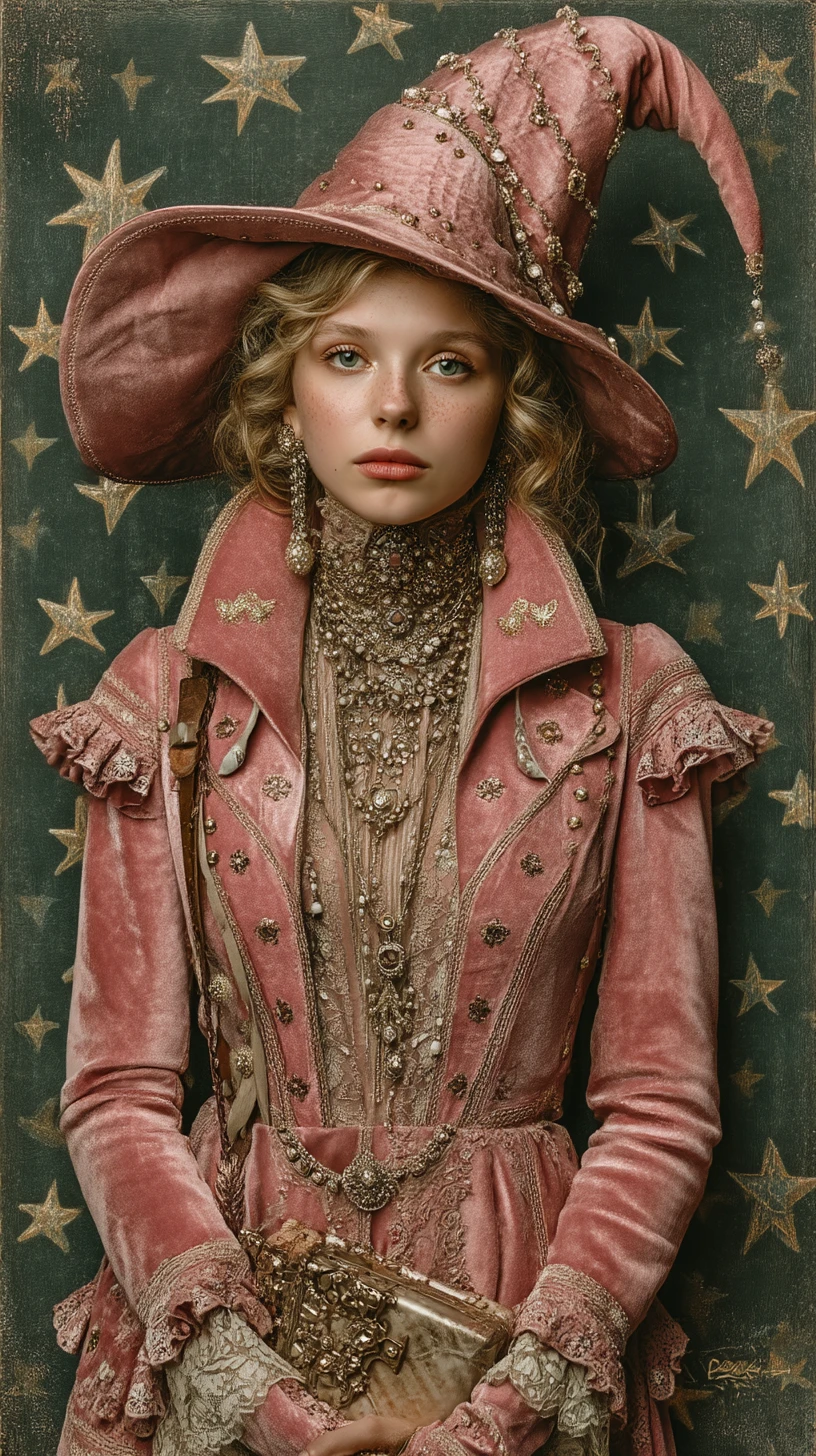 Young angel witch in pink velvet robes portrait