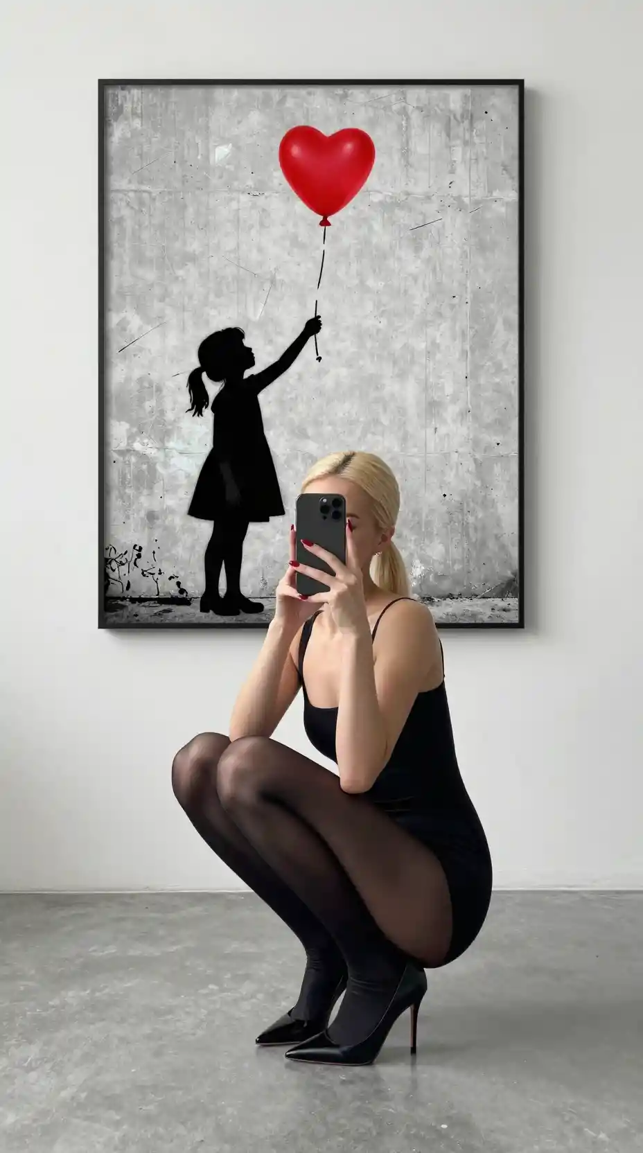 Woman crouching on concrete floor with phone obscuring face