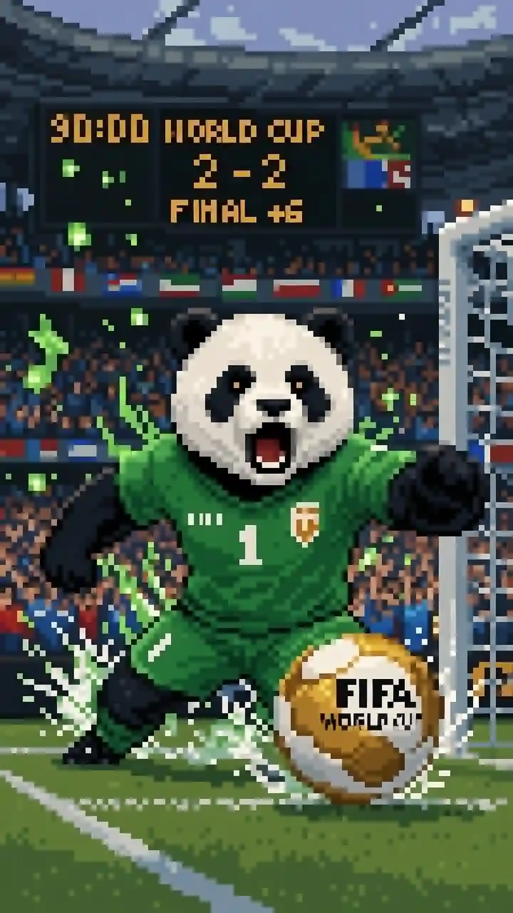 Portiere panda pixelato si tuffa per parare il pallone dei Mondiali