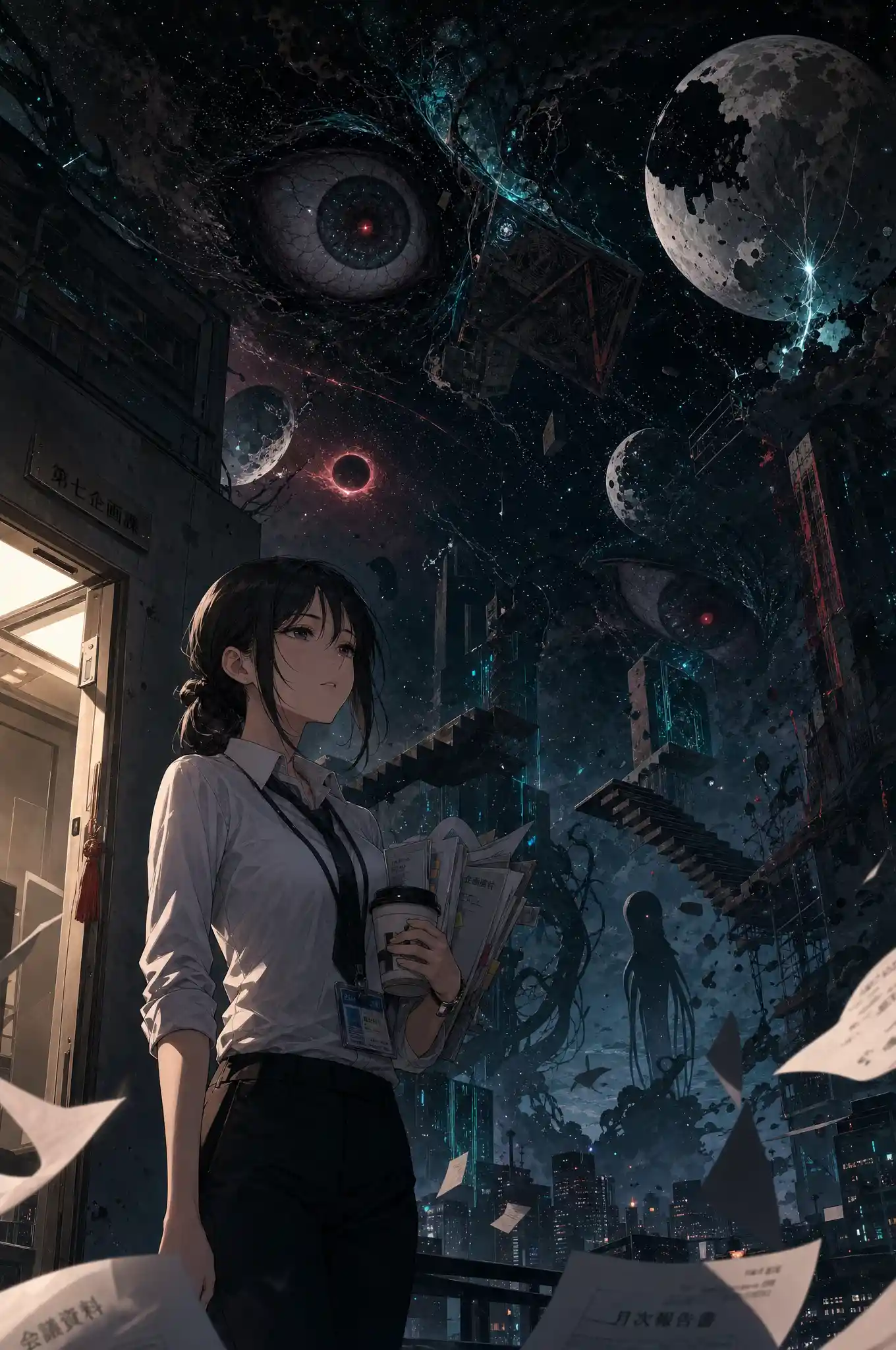 Anime office woman under a surreal cosmic night sky