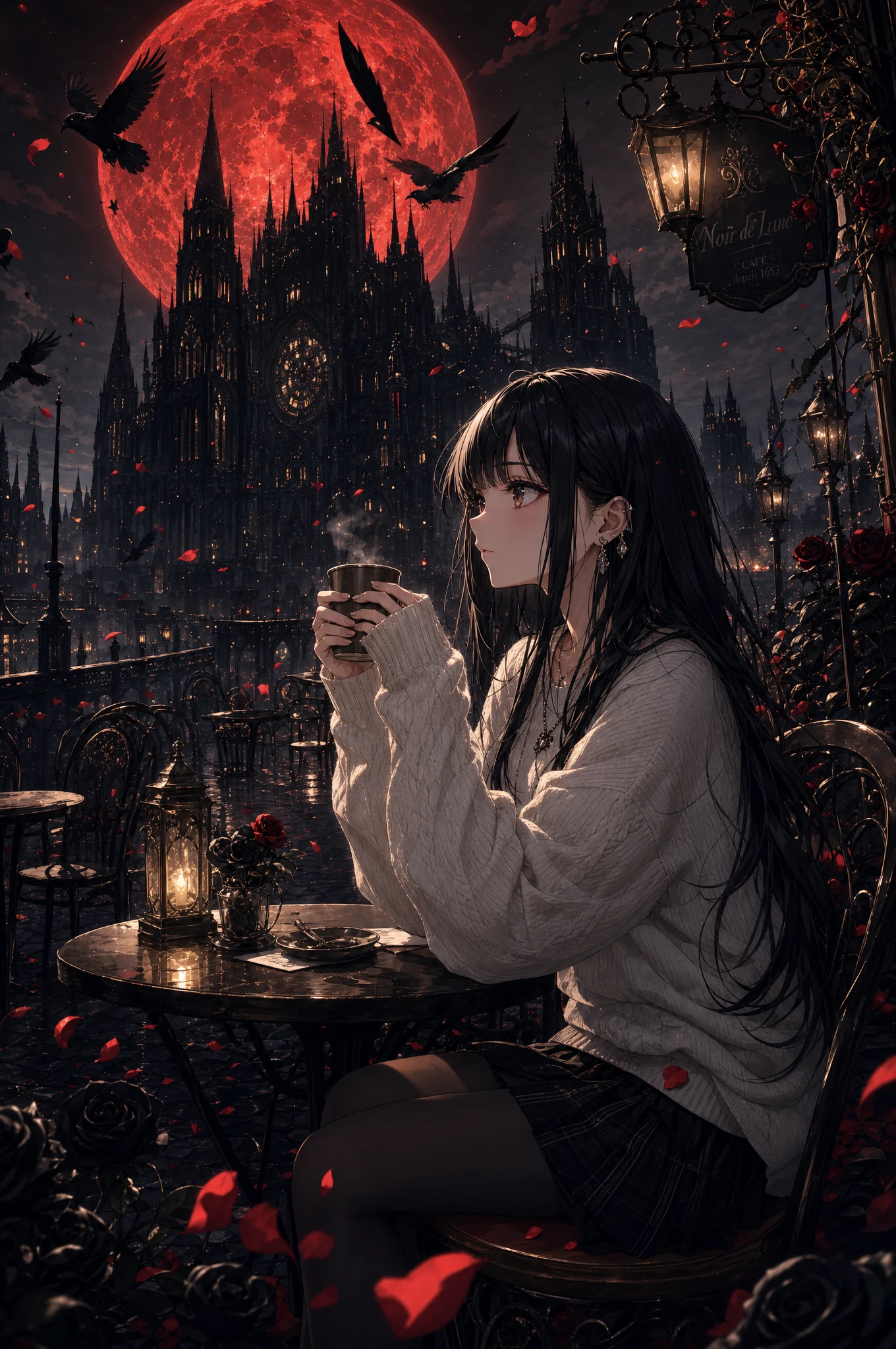 Anime girl with coffee at a quiet outdoor gothic cafe