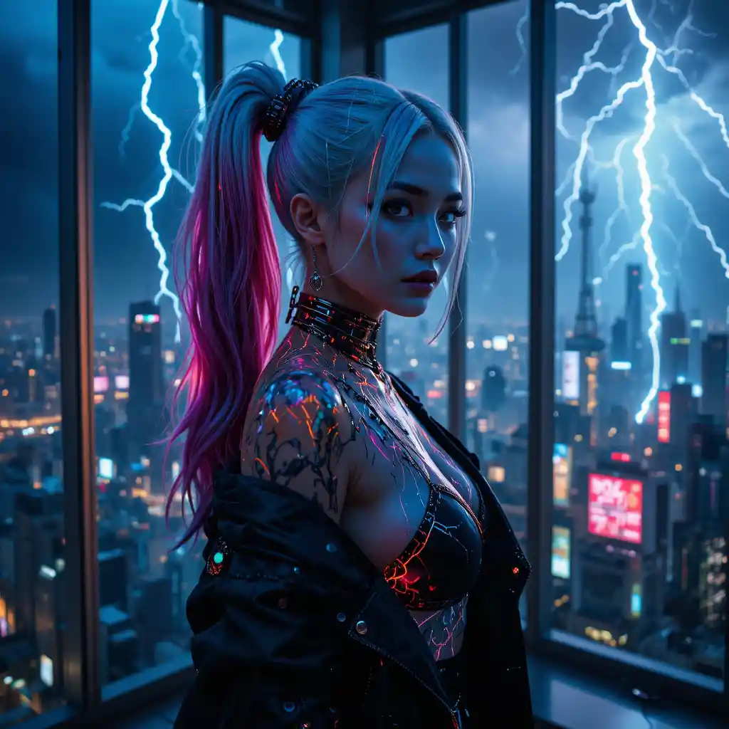 Enigmatic woman in penthouse during futuristic lightning storm