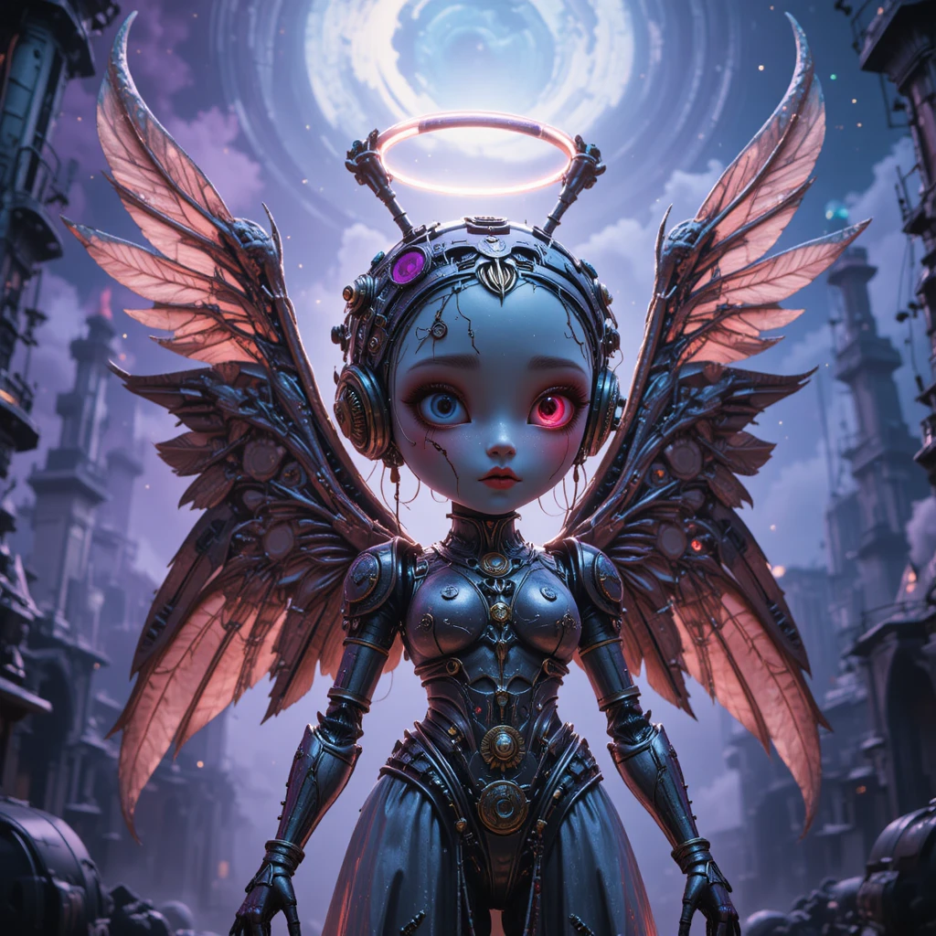 Surreal cybernetic angel with biomechanical wings close up