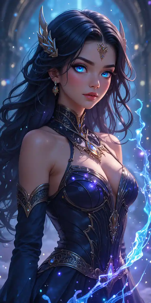 Anime sorceress with multicolored eyes and glowing magic aura