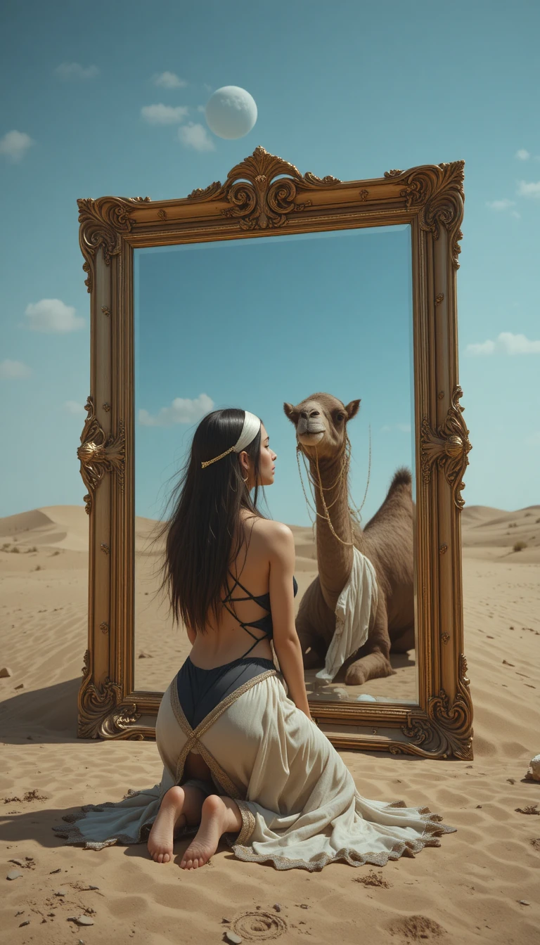 Young woman kneeling by a mirror in the desert with camel