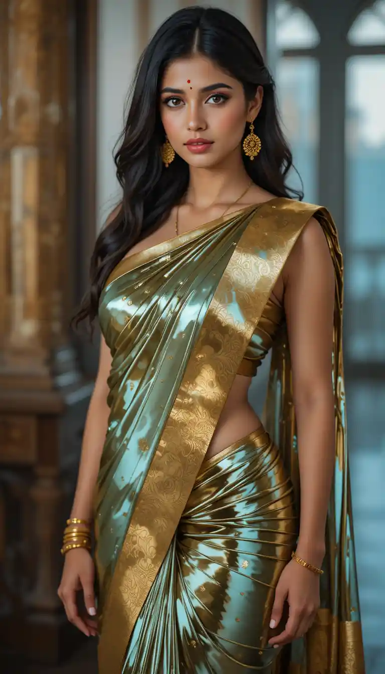 Tamil woman in glossy saree with exposed midriff pose