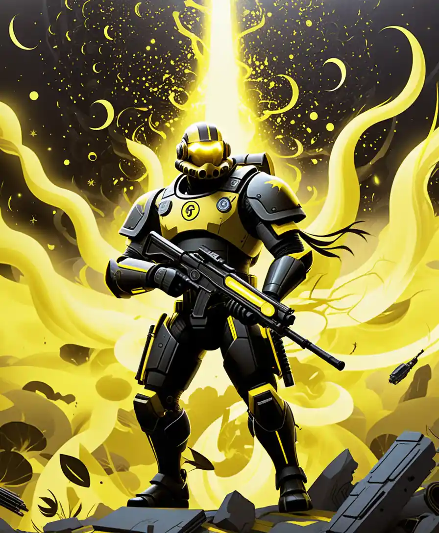 Armored sci fi scout with neon scattergun in space