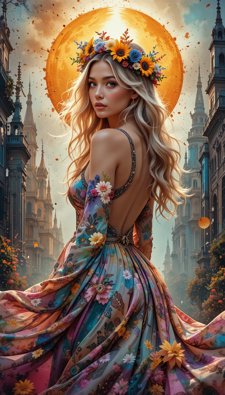 Bohemian woman in floral dress with radiant sun halo