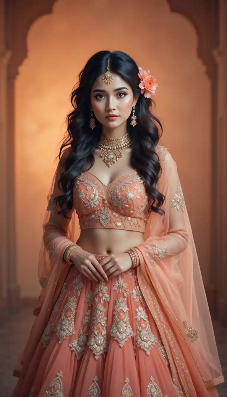 Elegant woman in coral lehenga with gold embroidered choli