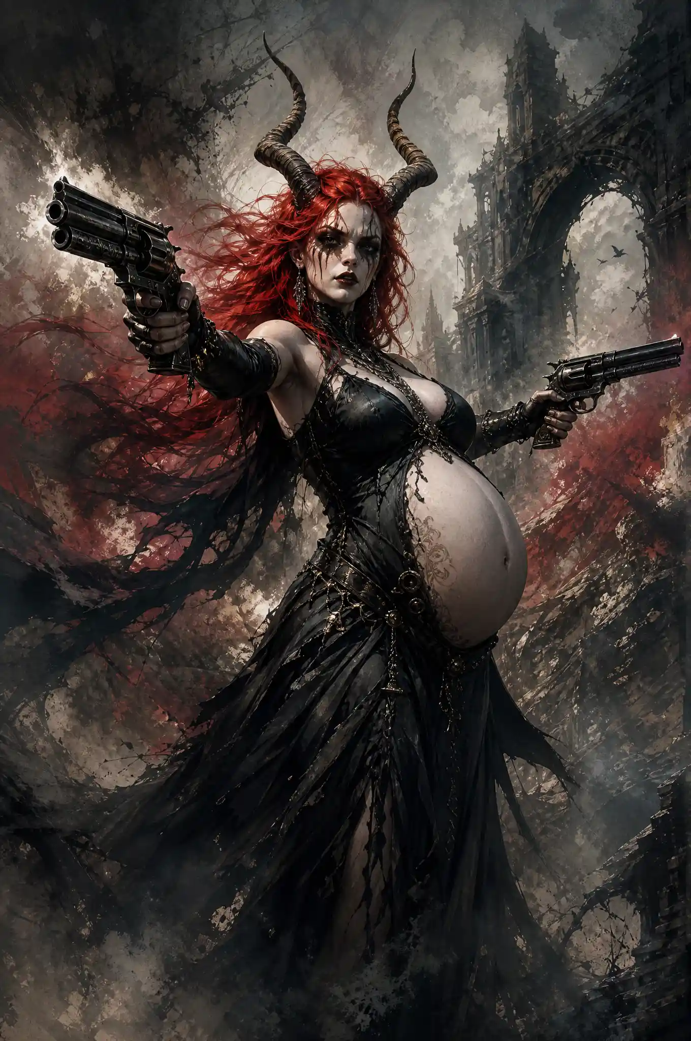 Pregnant gothic demon woman with guns in ancient ruins