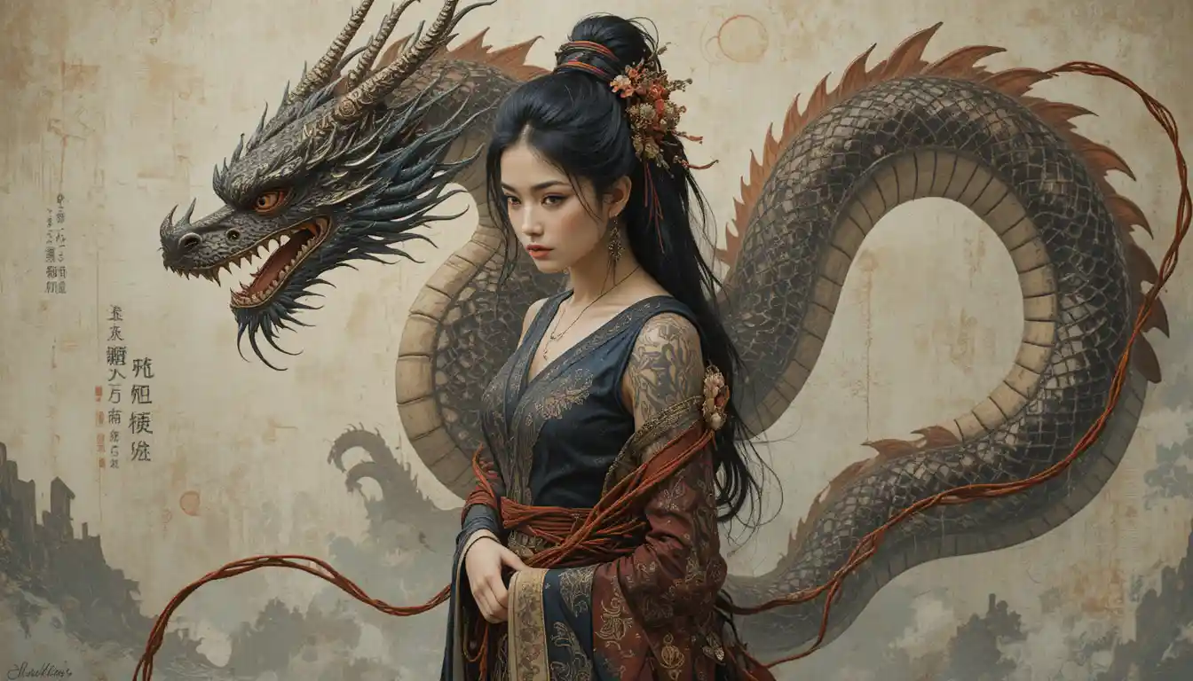 Asian woman with dragon tattoo and samurai fantasy background