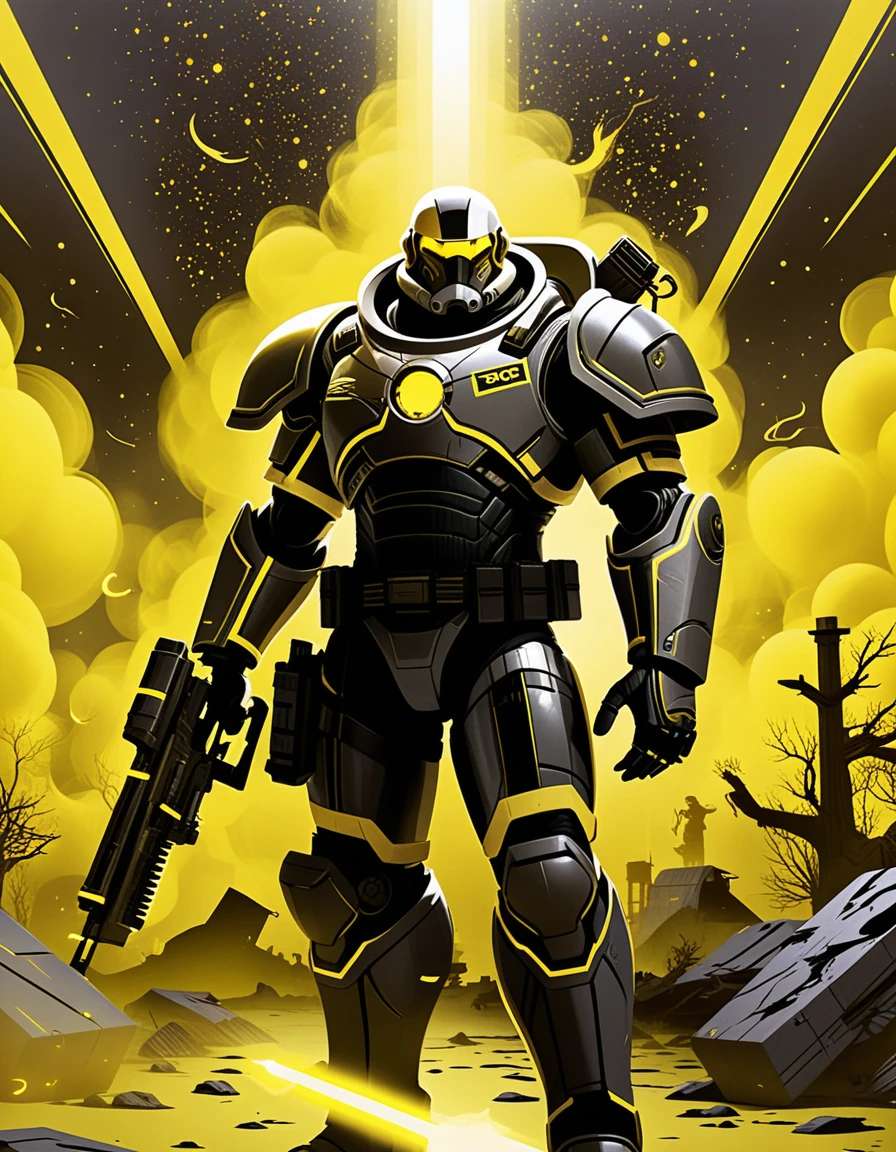 Armored sci fi warrior in yellow neon space storm