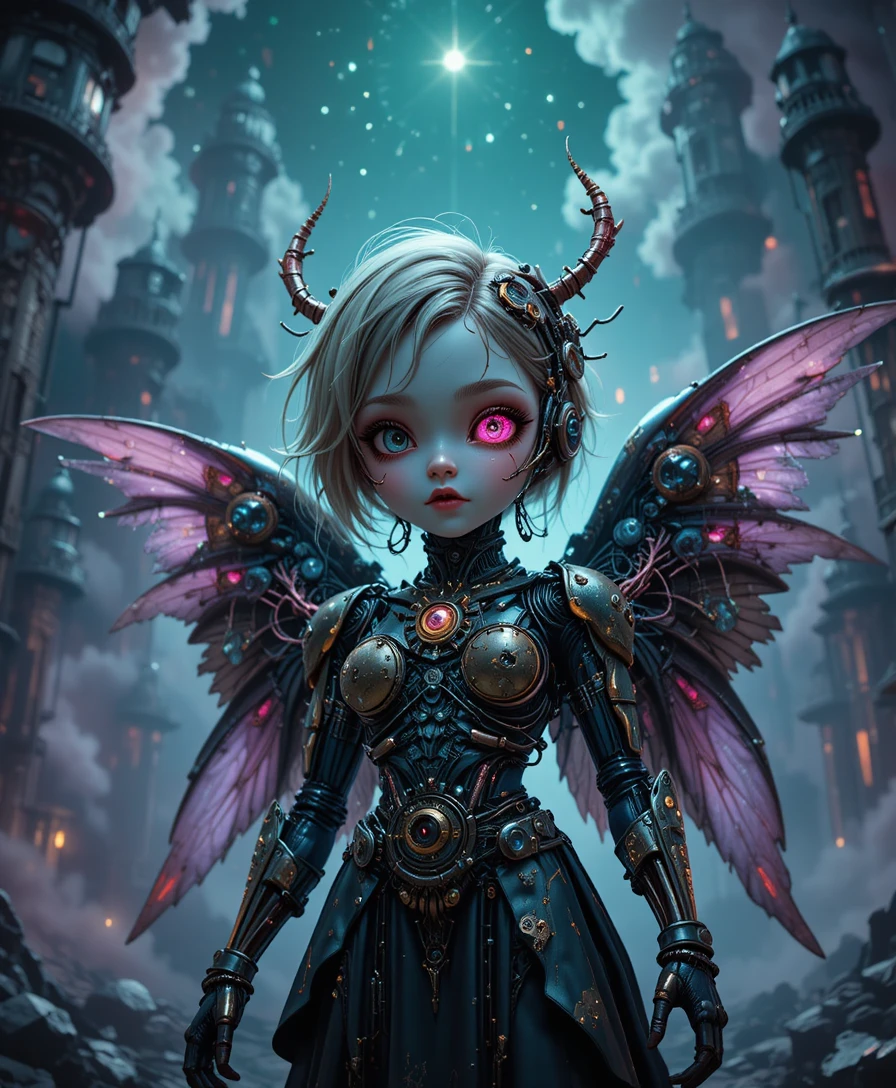 Surreal cybernetic angel woman in a cosmic nightmare