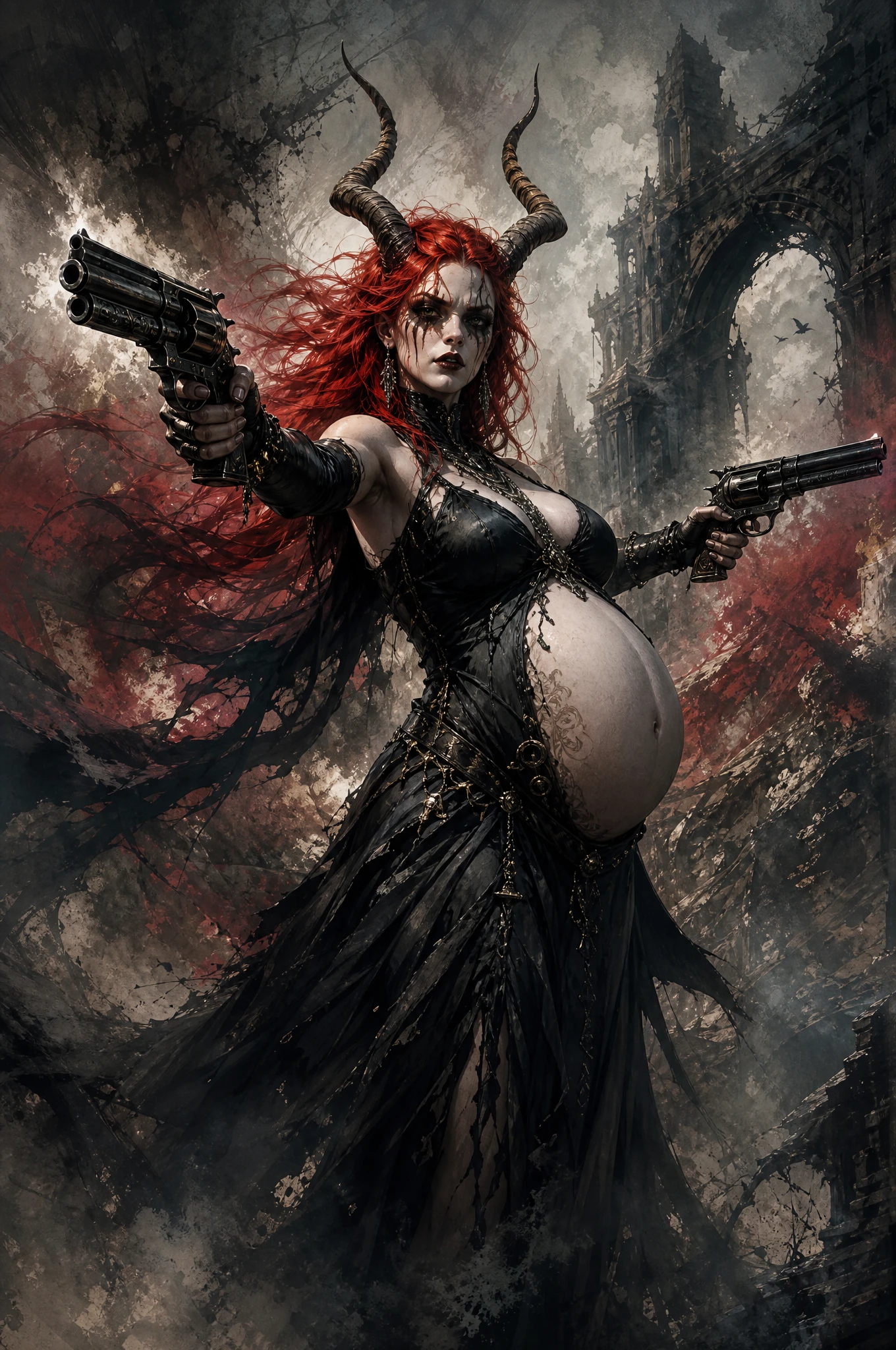 Pregnant gothic demon woman with guns in ancient ruins