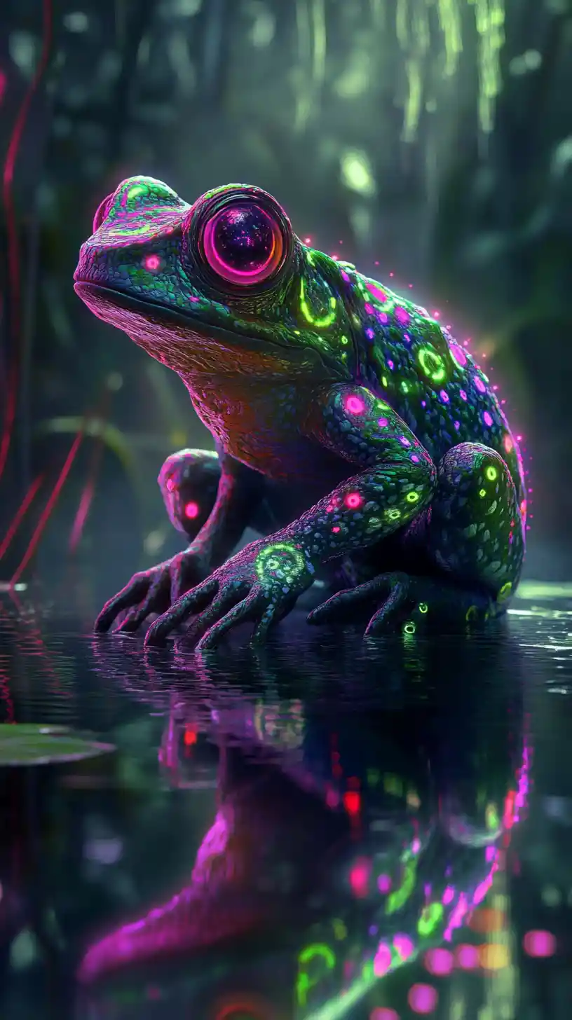 Leuchtende amphibische Kreatur in einem neonfarbenen Fantasy-Sumpf