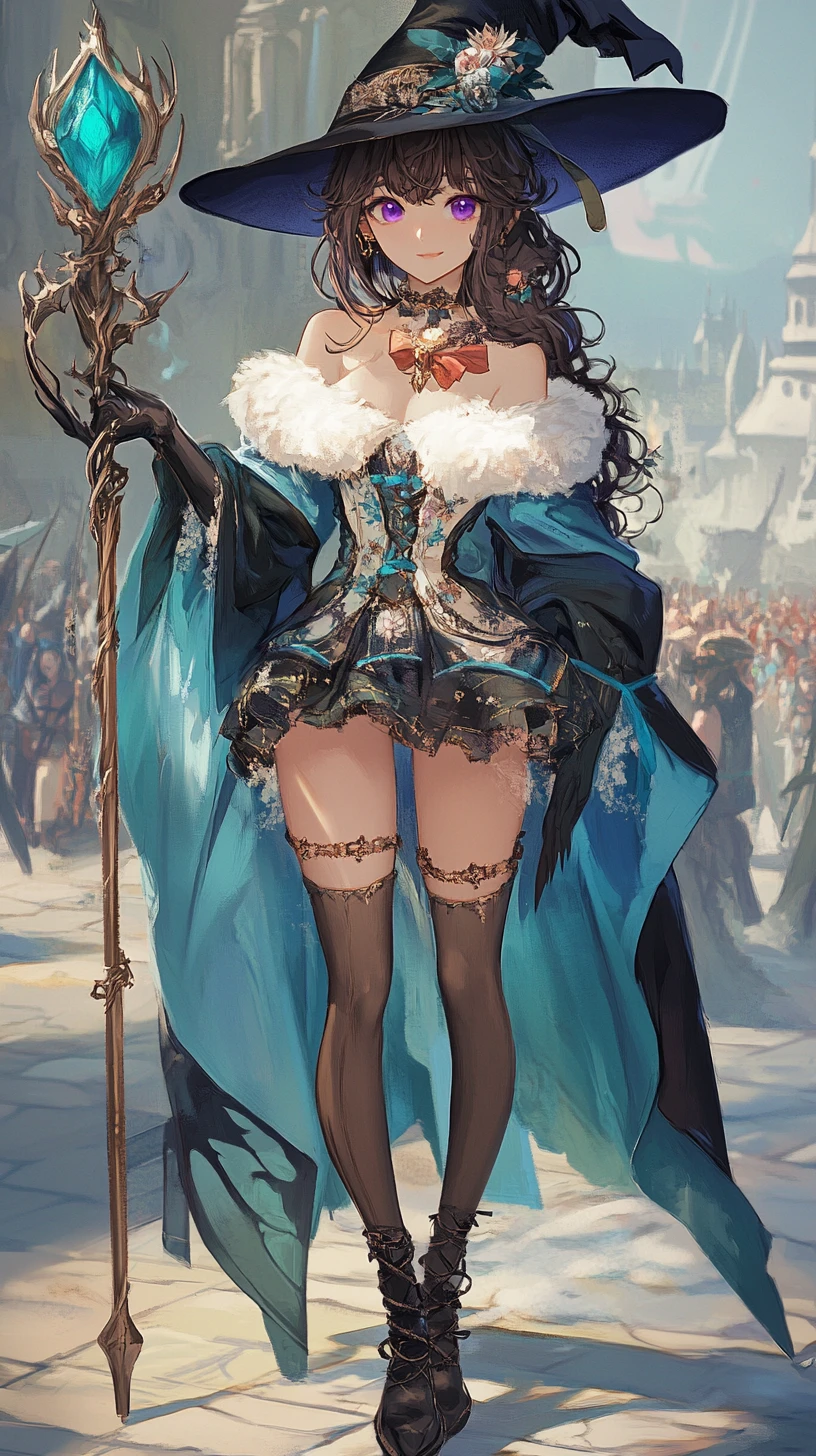 Anime witch girl at a crowded fantasy port city
