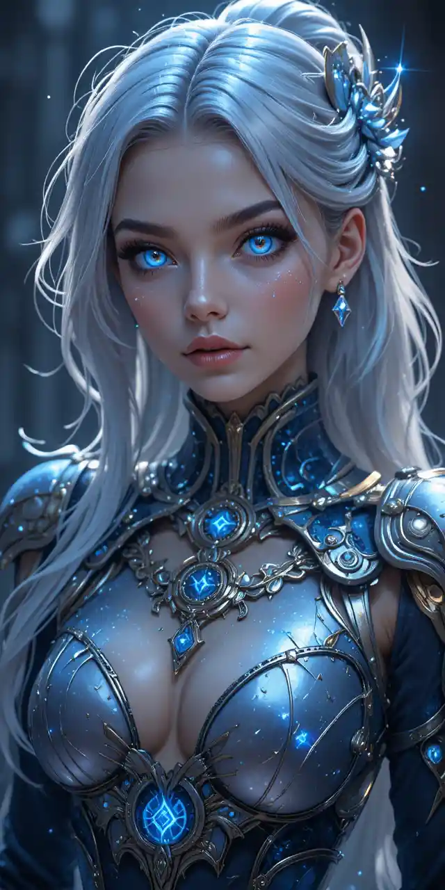 Silver haired anime time mage girl with glowing blue eyes