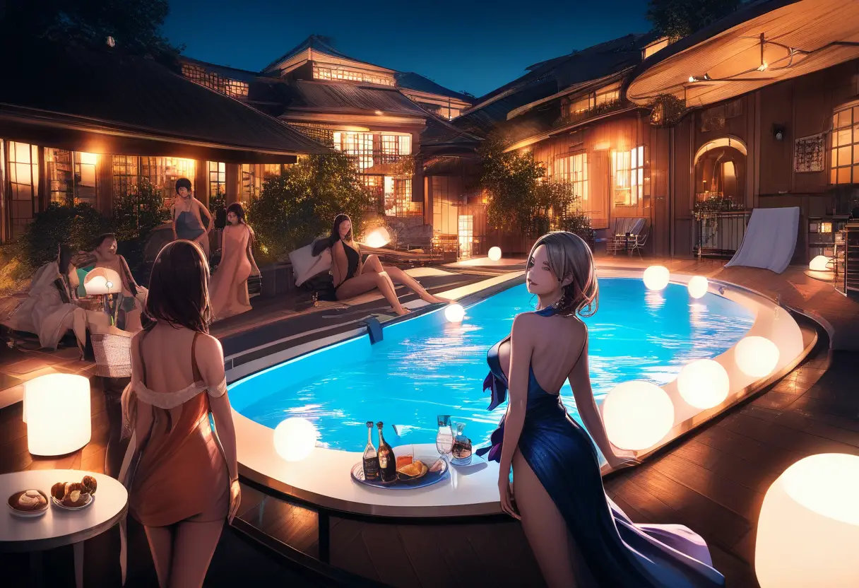 Women in evening dresses enjoying a backyard pool party