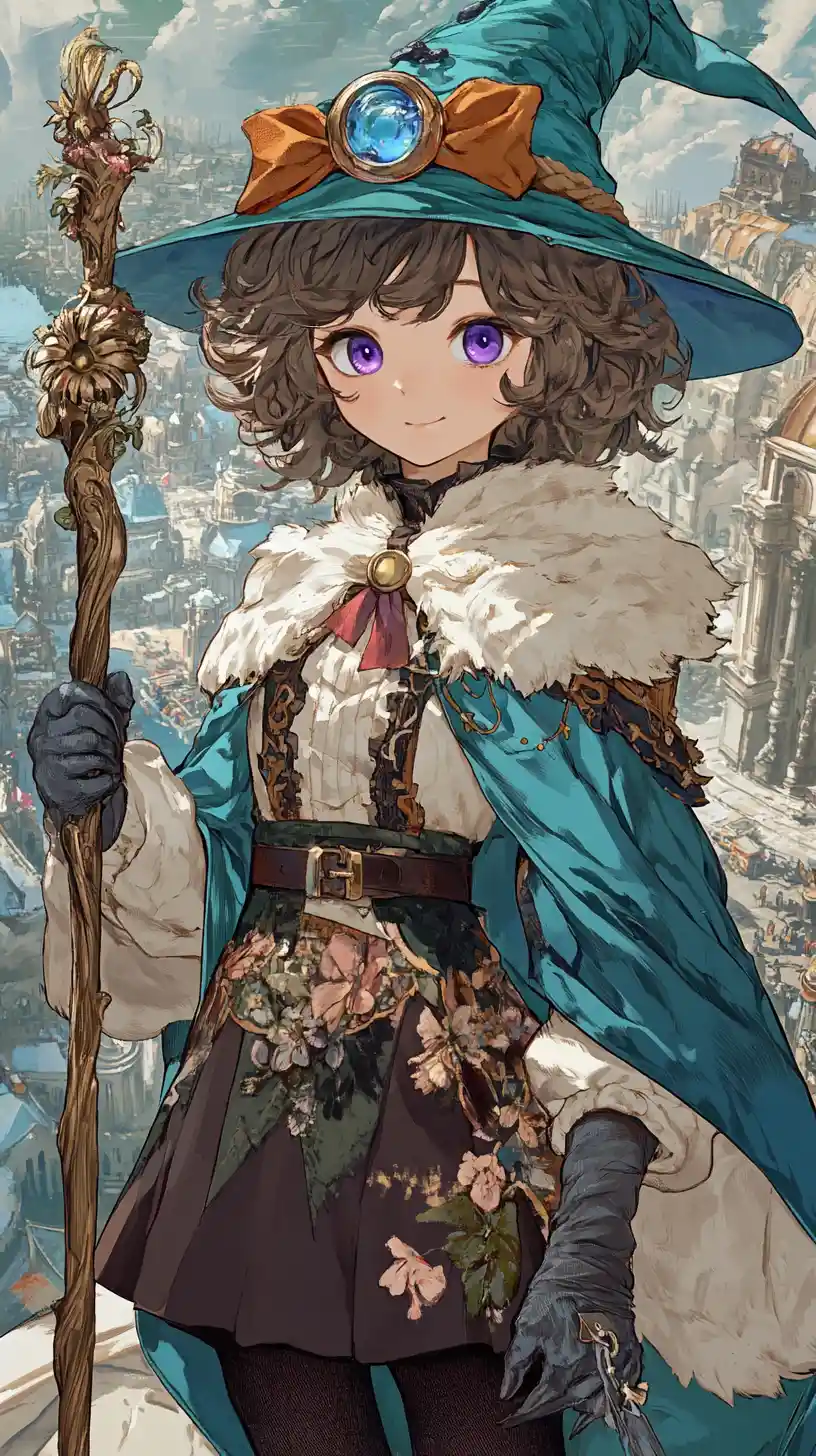 Anime witch girl with magic staff in fantasy port city