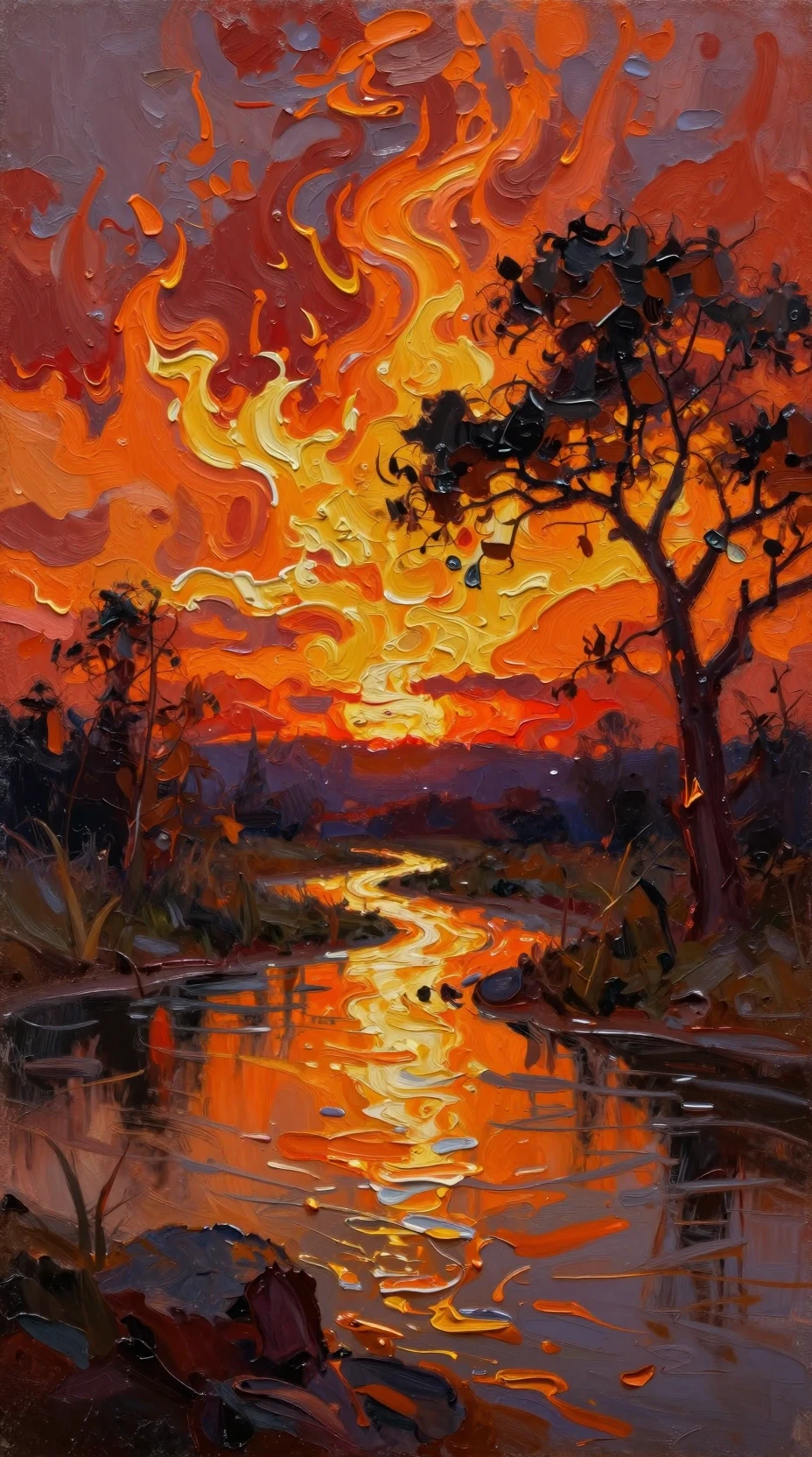 Fiery Impasto Sunset Sky Reflected On A River
