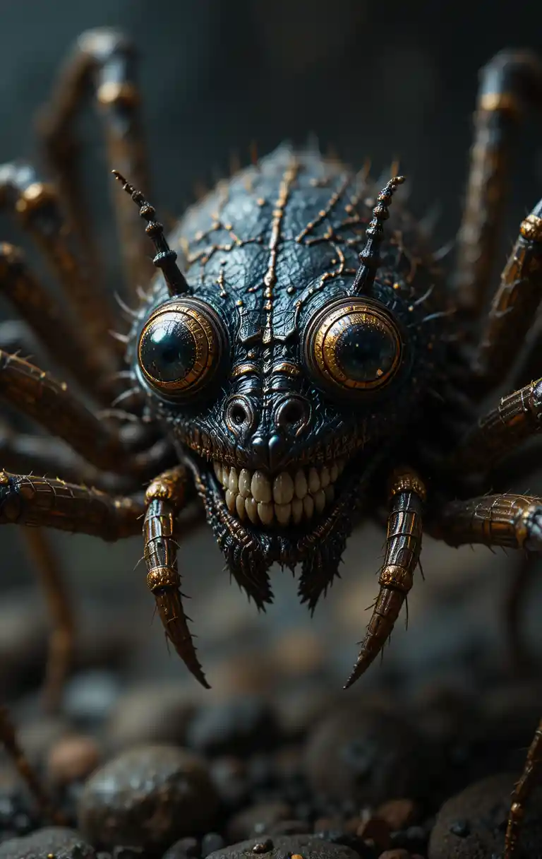 Metallic black and gold spider with goofy grin