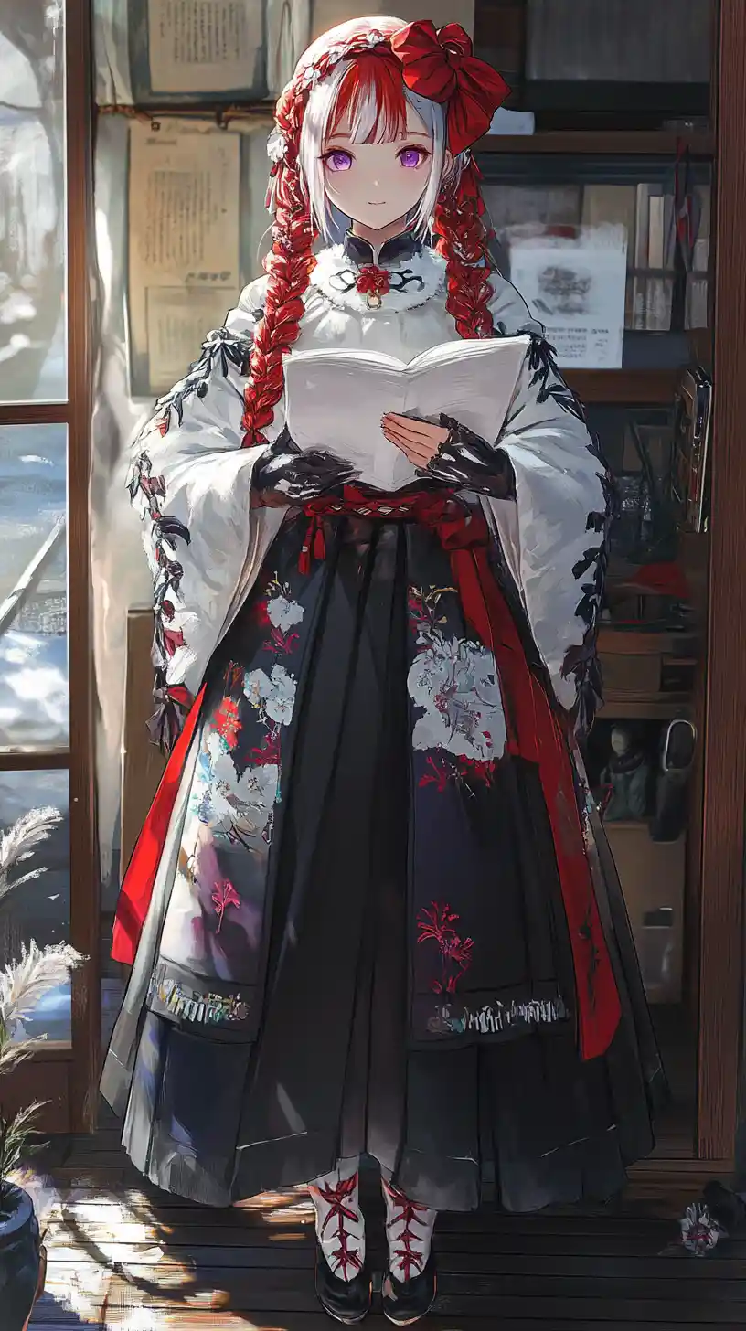 Ragazza anime che legge un foglio in una stanza piena di armi