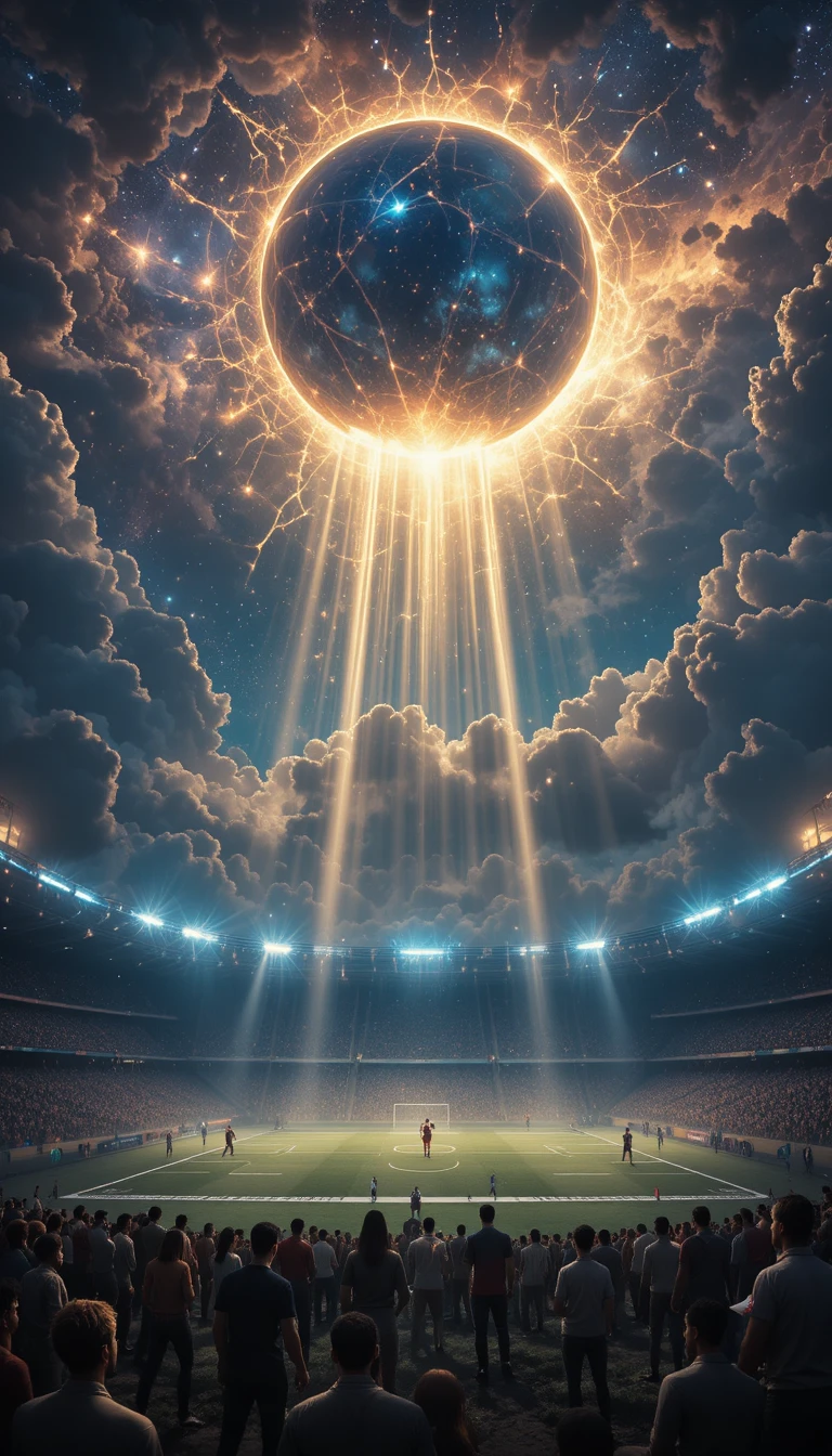 Celestial gods watching a sacred football stadium on Earth