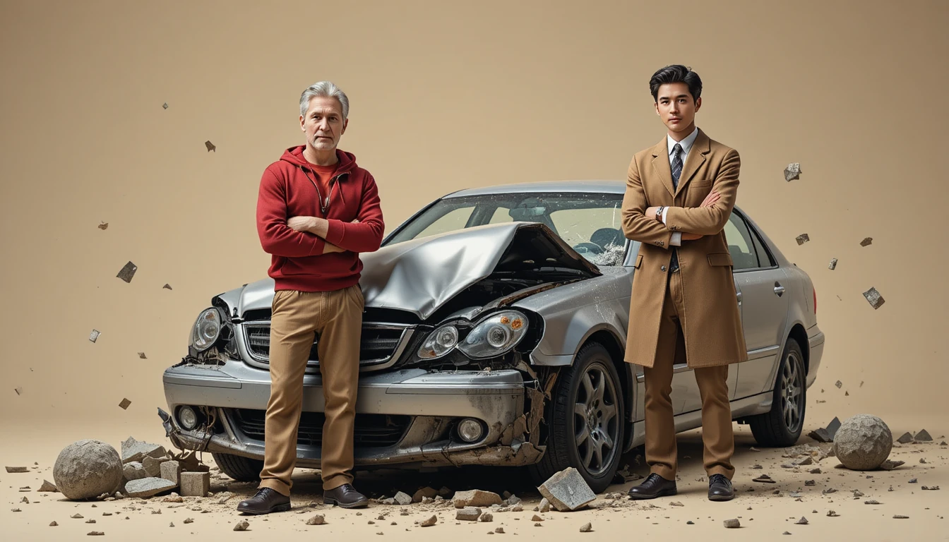 Two men beside a wrecked silver car in soft light